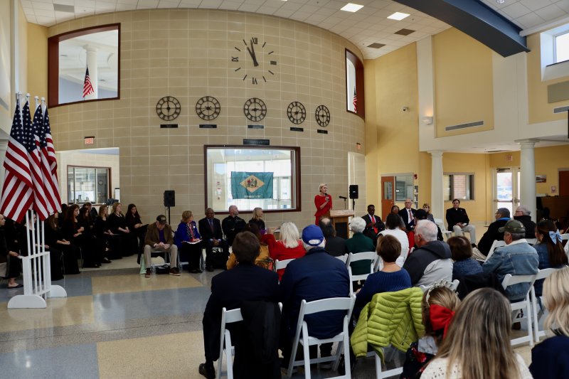 As the clock neared the 11th hour of the 11th day of the 11th month, the Lewes-Rehoboth Rotary hosted its annual Flags for Heroes ceremony. The event was moved indoors at Cape Henlopen High School. Flags for Heroes raises money for local nonprofits through donations. This year, Madeleine Overturf of Coast TV, at podium, served as emcee. Her father spent 37 years as a fighter pilot in the USAF. BILL SHULL PHOTOS